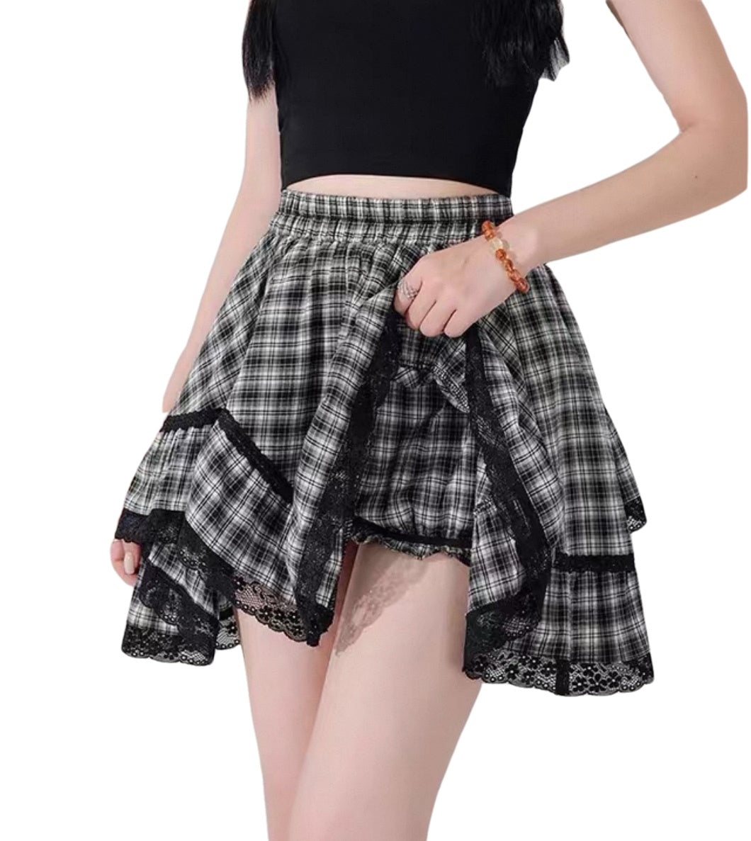 Y2K Plaid Mini Skirt Shorts for Women High Waist Ruffle Hem Lace Trim Skirt Pants with Built-in Safety Shorts